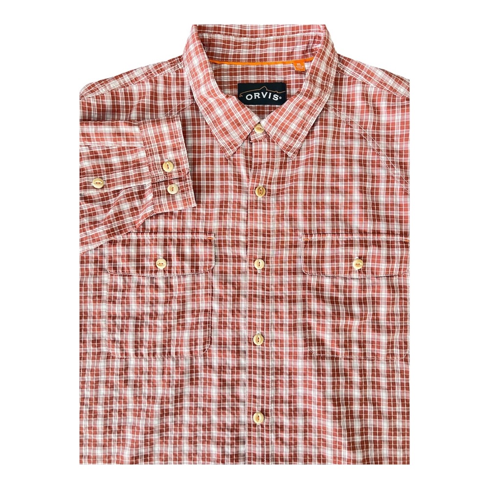 Orvis Mens XL Red White Plaid Long Sleeve Fishing Shirt Roll Tab Button Down
